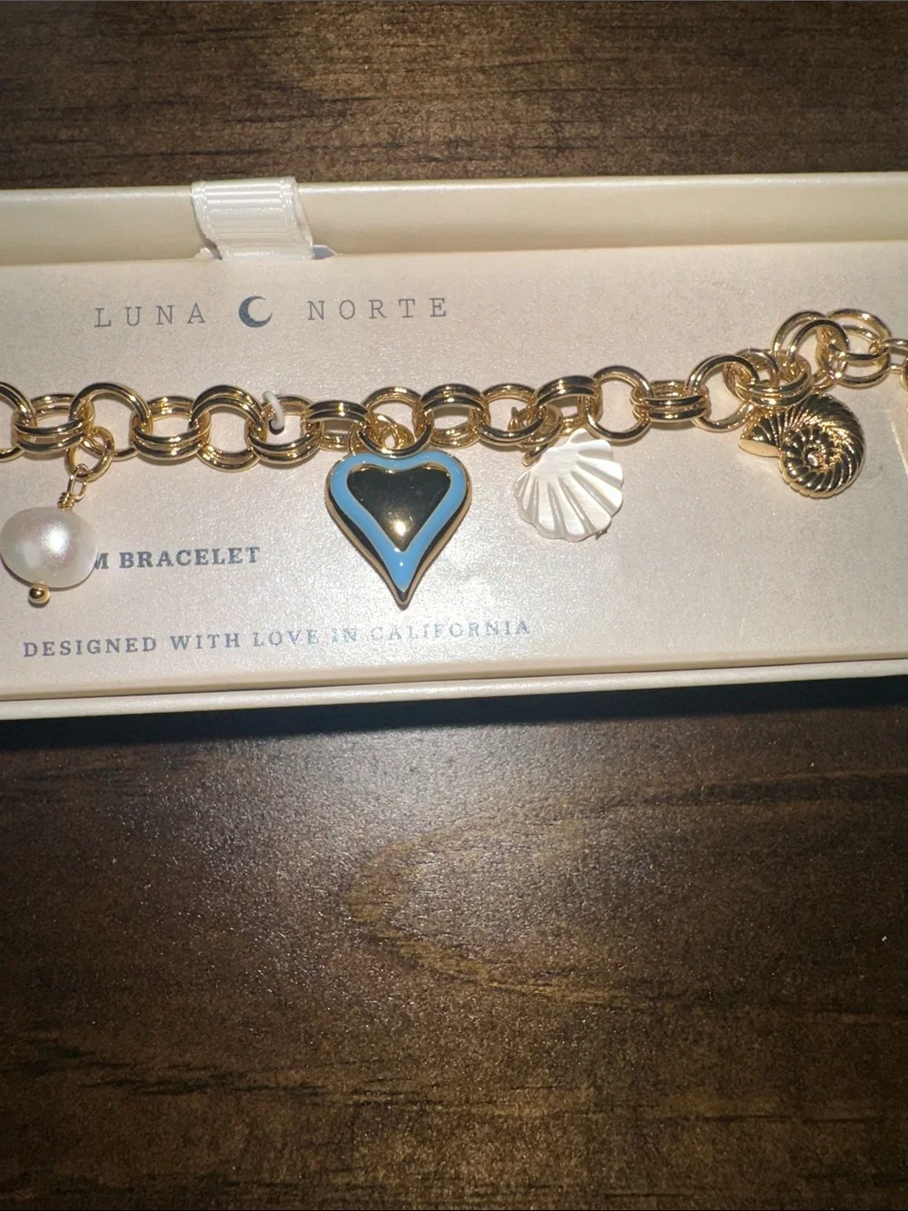 Luna Norte Gold Charm Link Bracelet with Pearl & Heart Charm
